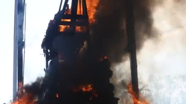 Statue Buffalo Head Burns Smokes Ngaben Palebon Event Sanur Bali — Stockvideo