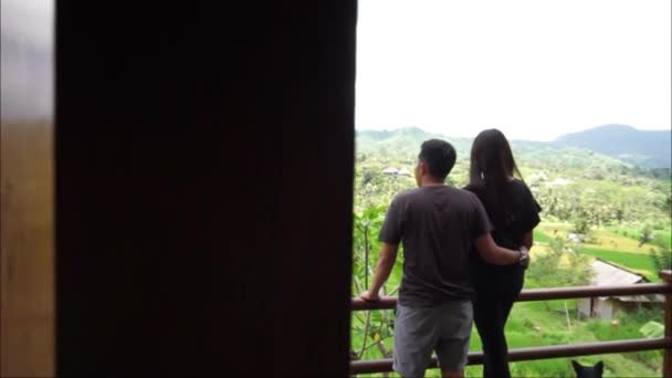 Husband Wife Dog Enjoying Beauty Rice Fields Hills Villa Karangasem — Video