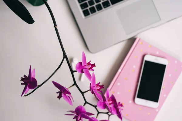 Flor de orquídea, bloco de notas e laptop. lugar acolhedor para trabalhar e relaxar — Fotografia de Stock