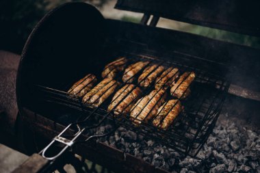 Dinner party, barbecue and roast pork at night. High quality photo