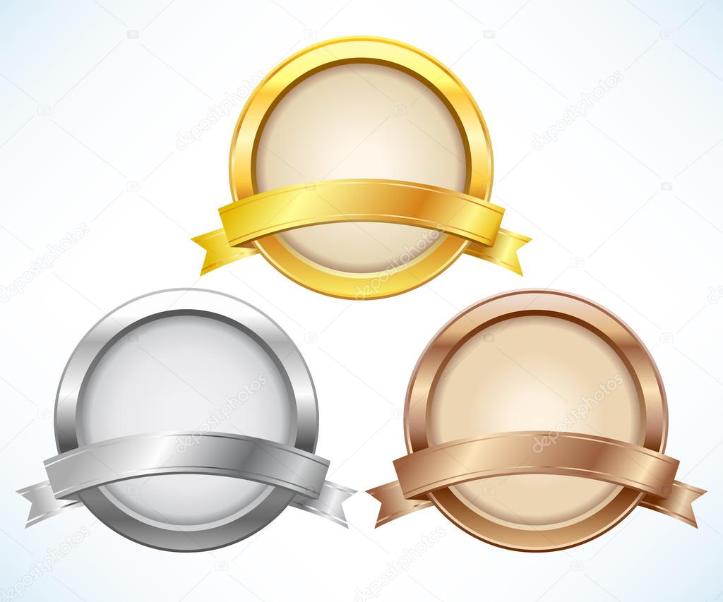 Gold, silver and bronze labels with ribbon isolated on white background, vector illustration