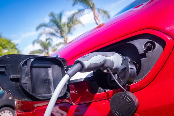 Red Car Recharging Its Lithium Electric Batteries Free Public Station Stock Photo