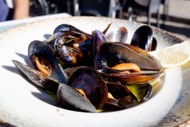 Haşlanmış midye aperatifi, tipik İspanyol gastronomi kıyıları..