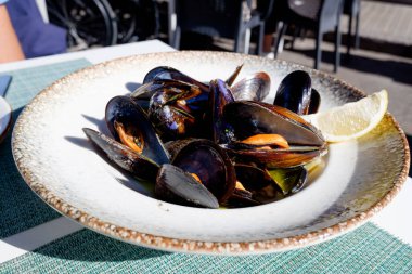 Haşlanmış midye aperatifi, tipik İspanyol gastronomi kıyıları..