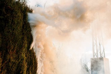 Bir evde tehlikeli bir şekilde yanan ağaçlardan yoğun duman çıkıyor..