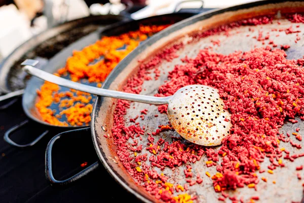 Paella Plato Tradicional Español Con Variedades Preparaciones Todas Con Arroz —  Fotos de Stock