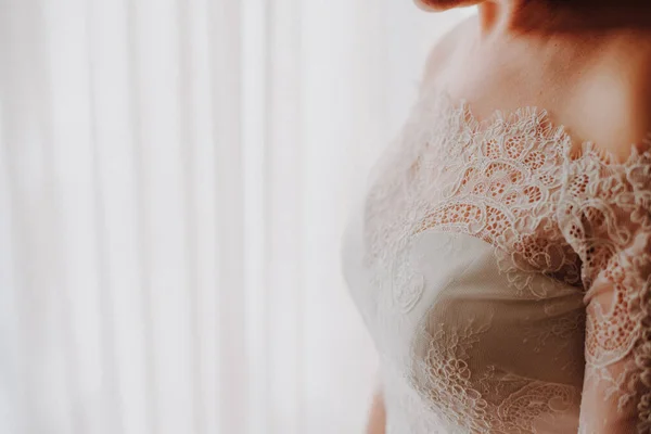 Unrecognizable Bride Woman Her Wedding Dress White Copy Space Added — Stock fotografie