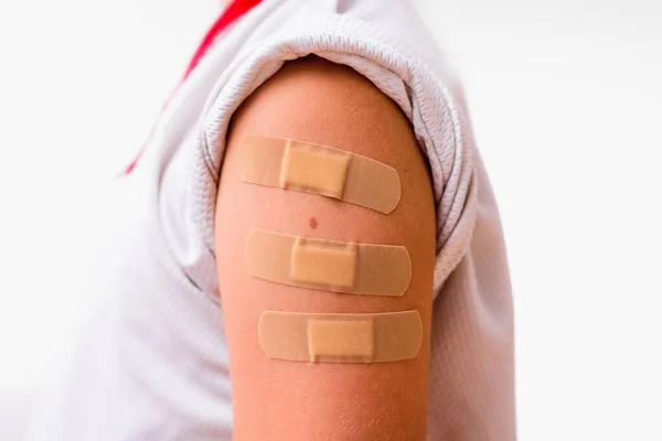 Child Arm Bandaid Calm His Pain Isolated White — Fotografia de Stock