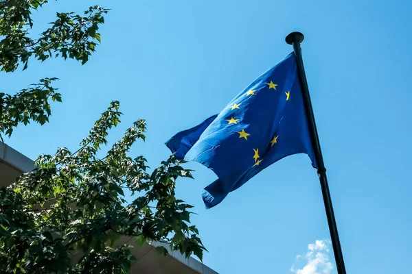 European Union Flag Waving Blue Sky — Photo