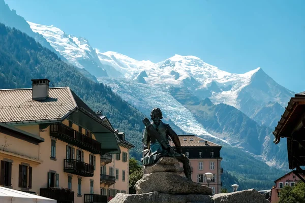 Chamonix, France - August 22, 2022: Views of the snowy mountains from the center of Chamonix.