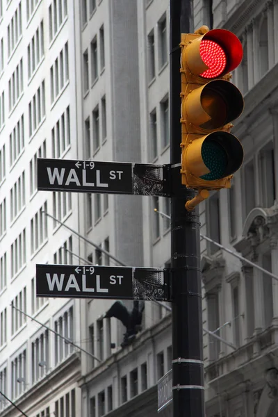 Crisis on the way, photo of Wall street signs with a red traffic light — Stock Photo, Image