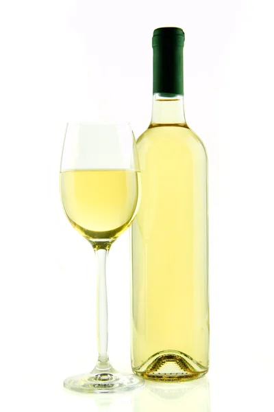 Bottle and glass of white wine isolated — Stock Photo, Image