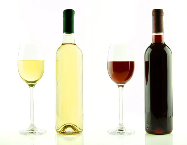 Bottle and glass of white and red wine isolated — Stock Photo, Image