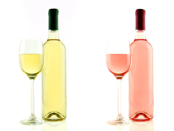 Bottle and glass of white and rose wine isolated — Stock Photo, Image