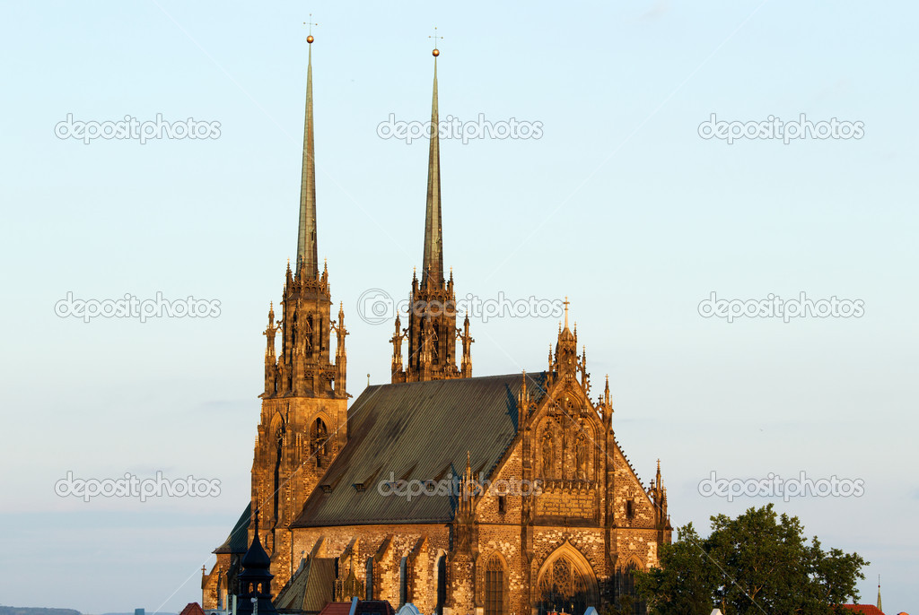 Illuminated St. Peter and Paul Cathedral at sunset, Brno