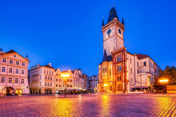 Prague Clock Tower on Old Town Square at Dusk, Czech Republic