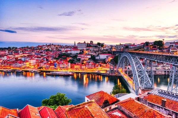 Portekiz Dusk Aydınlanmış Luis Köprüsü Douro Nehri Ile Porto Hava — Stok fotoğraf