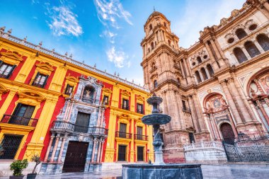 Malaga Cathedral from Plaza Del Obispo at Sunrise with Blue Sky, Malaga, Andalusia, Spain
