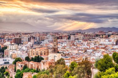 Malaga Old Town Aerial View with Malaga Cathedrat at Sunset, Spain