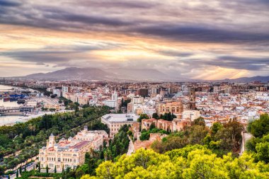 Malaga Old Town Aerial View with Malaga Cathedrat at Sunset, Spain 