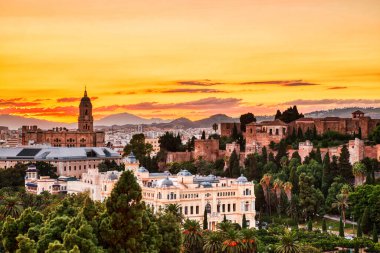 Malaga Old Town Aerial View with Malaga Cathedrat at Sunset, Spain