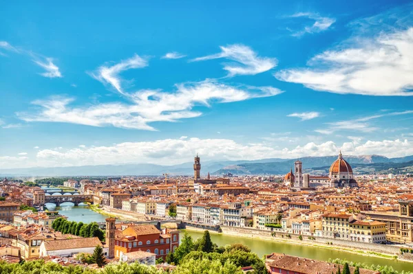 Florence Aerial View of Ponte Vecchio Bridge during Beautiful Sunny Day, Palazzo Vecchio and Cathedral of Santa Maria del Fiore with Duomo during Beautiful Sunny Day, Italy 