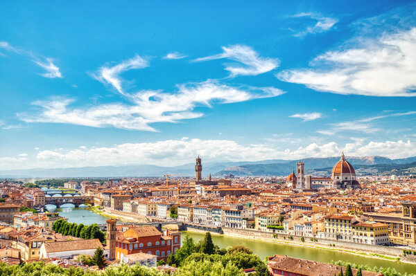 Florence Aerial View of Ponte Vecchio Bridge during Beautiful Sunny Day, Palazzo Vecchio and Cathedral of Santa Maria del Fiore with Duomo during Beautiful Sunny Day, Italy 