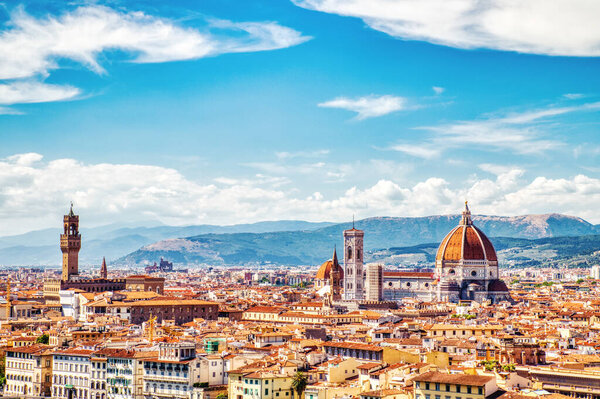 Florence Aerial View of Palazzo Vecchio and Cathedral of Santa Maria del Fiore with Duomo during Beautiful Sunny Day, Italy 