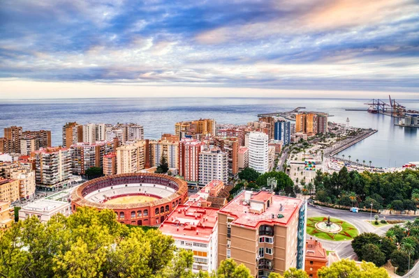 Panoramic Aerial View of Bull Ring in Malaga at Sunset, Spain