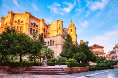 Malaga Cathedral from Plaza Del Obispo at Sunrise with Blue Sky, Malaga, Andalusia, Spain 