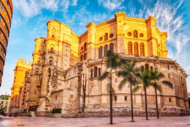 Malaga Cathedral from Plaza Del Obispo at Sunrise with Blue Sky, Malaga, Andalusia, Spain