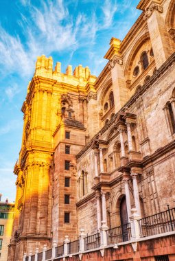 Malaga Cathedral from Plaza Del Obispo at Sunrise with Blue Sky, Malaga, Andalusia, Spain  