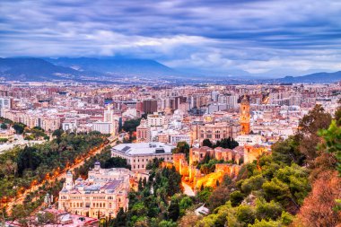 Malaga Old Town Aerial View with Malaga Cathedrat at Sunset, Spain