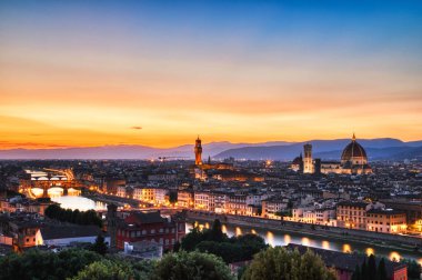 Florence Aerial View at Golden Sunset on Ponte Vecchio Bridge, Palazzo Vecchio and Cathedral of Santa Maria del Fiore with Duomo, Italy 