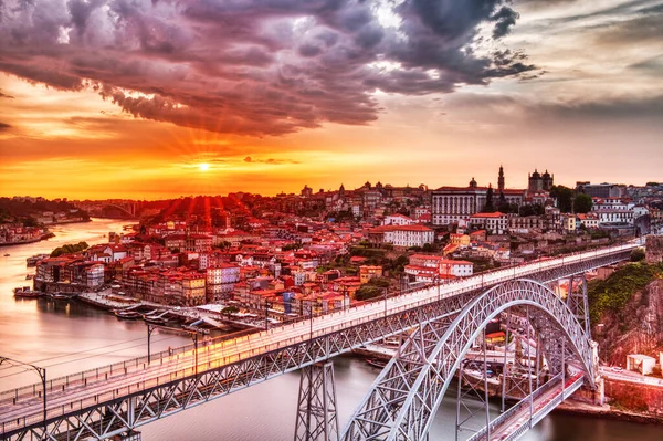 Porto Aerial Cityscape Luis Bridge Douro River Amazing Sunset Portugal — Stock Photo, Image
