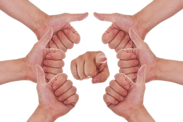 Hands with thumbs up making a circle and a finger point to you — стоковое фото