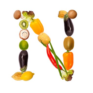 The letter n in various fruits and vegetables