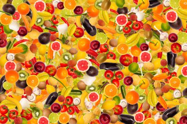 different types of fruit and vegetables as background, colorful