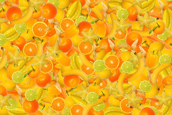 Different types of fruit and vegetables as background, yellow — Stockfoto