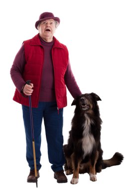 Active Senior Woman with walking stick and dog 2