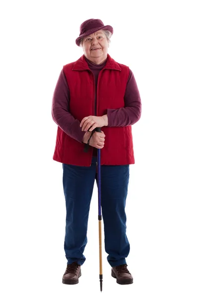 Active Senior Woman with walking stick — Photo