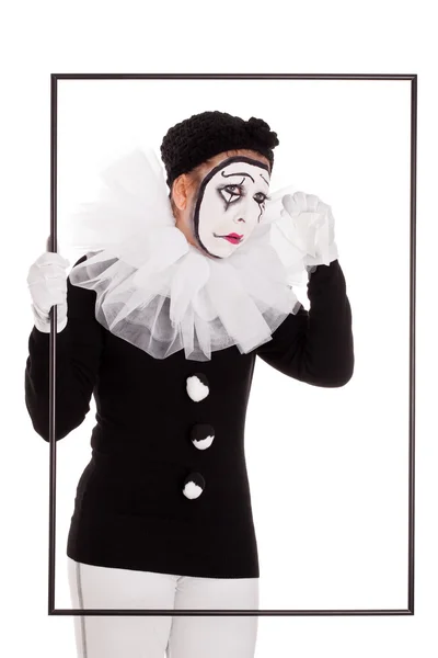 Female clown in a frame is crying — Stok fotoğraf