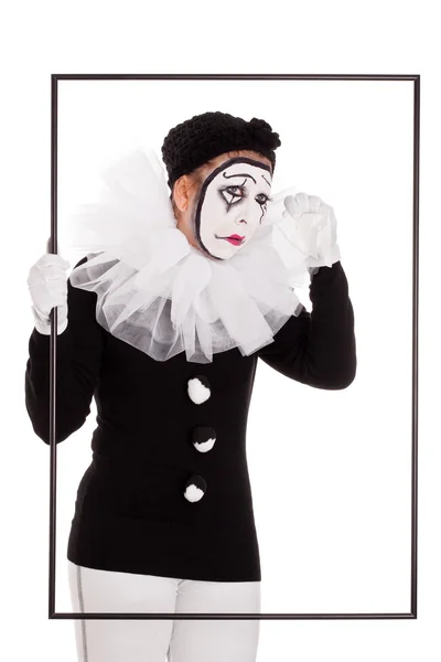 Female clown in a frame is crying — Φωτογραφία Αρχείου