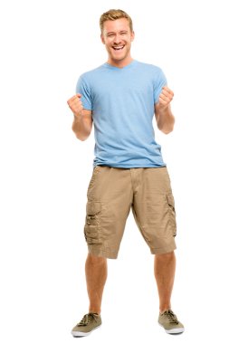 mutlu genç adam başarı beyaz izole kutlama