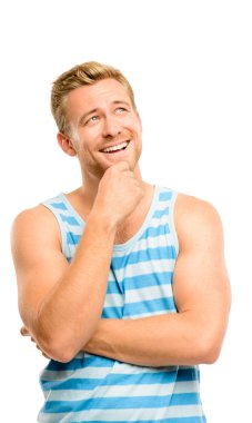 Beyaz adam izole düşünme seyir neşeli genç adam