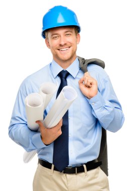 mutlu genç işadamı mimar beyaz zemin üzerine