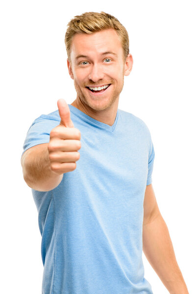 Happy man thumbs up sign full length portrait on white backgroun