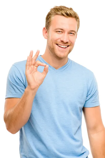 Happy man okay sign - portrait on white background — Stock Photo, Image