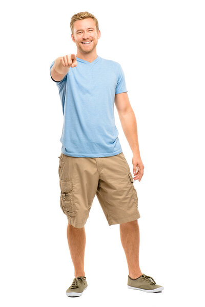 Happy man pointing - portrait on white background