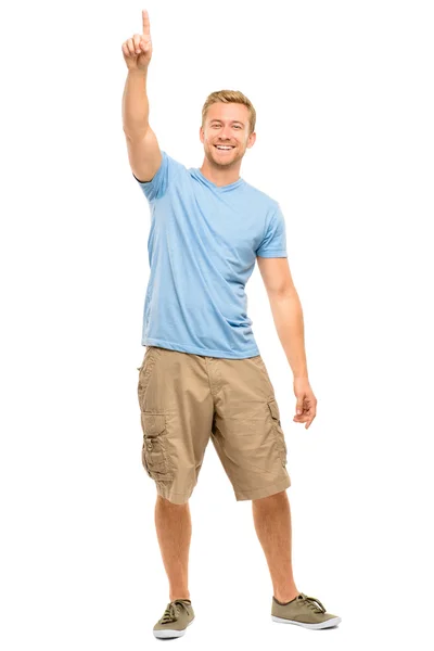 Homem feliz apontando - retrato de comprimento total no fundo branco — Fotografia de Stock